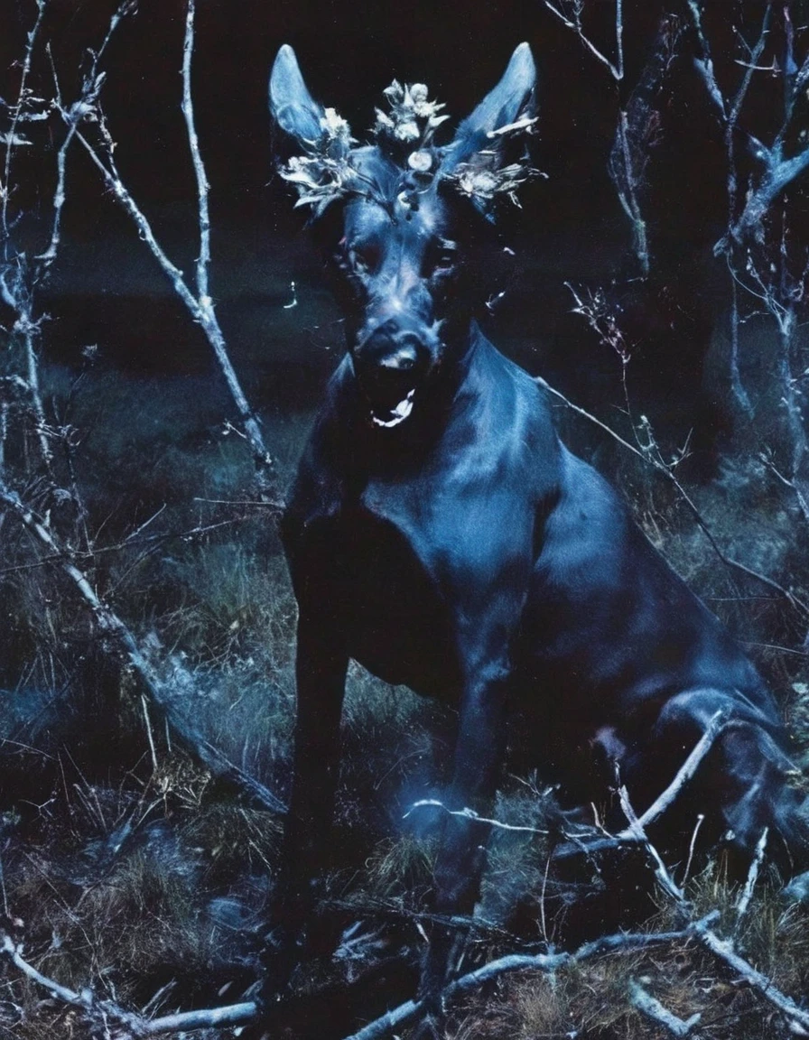 film photography, vintage, fashion photography of horror with 90s beautiful fashion model, blue night forest background