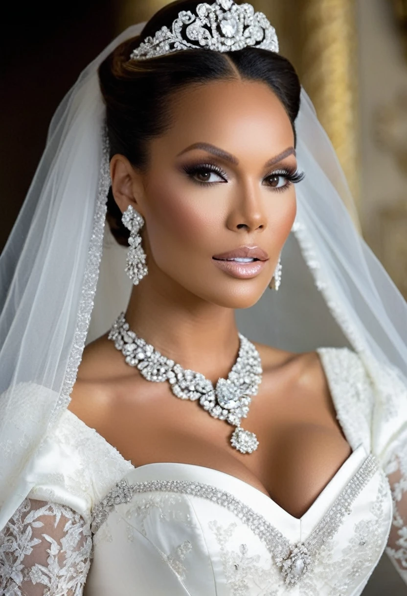 Kat Graham Is a stunning model, and in this image, she's dressed in a breathtaking Victorian-style wedding gown. The white satin bridal gown has a full, princess-style skirt and a long train that flows behind her. The intricate bodice is adorned with lace, diamonds, and a delicate bow at the waist. Her hair is styled in an elegant updo, complete with a sparkling tiara. She wears elbow-length opera gloves and diamond earrings and a necklace that complement the dress perfectly. The image is set against a majestic outdoor backdrop, with a serene landscape and soft lighting that highlights the beauty of the gown and the model.