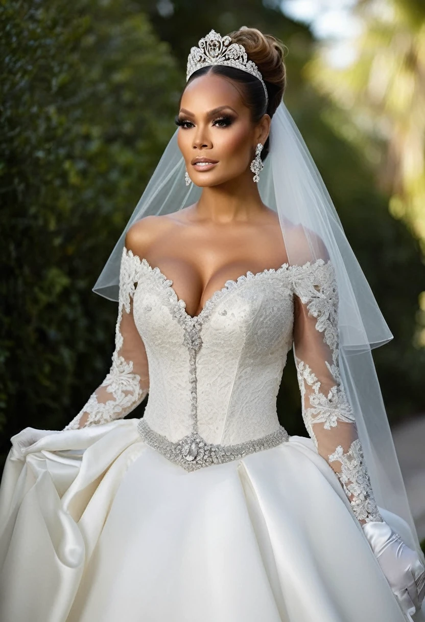 Evelyn Lozada modeling in a majestic, outdoor setting, adorned in a shimmering white satin bridal gown boasting a voluminous princess skirt, an elongated trail, a harmoniously fascinating veil, and an intricately laced and diamond-encrusted bodice with a bow. Victorian style wedding gown with lace, frills and ribbons. Elaborate victorian updo hairstyle. ribbon belt on waist, Crowning her head is a princess's tiara, while diamond earrings and necklace sparkle in contrast with the white satin of her elbow-length opera gloves, realistic, 4k, hd, detailed, perfect anatomy, perfect hands, perfect face