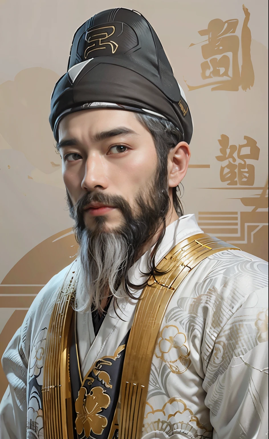 Draw a man with a beard and hat, white  clothes，White pattern Hanfu，Dunhuang mural style，Two-dimensional realism，inspired by Wu Daozi, Inspired by Hu Zaobin, inspired by Xuande Emperor, inspired by Hu Zao,