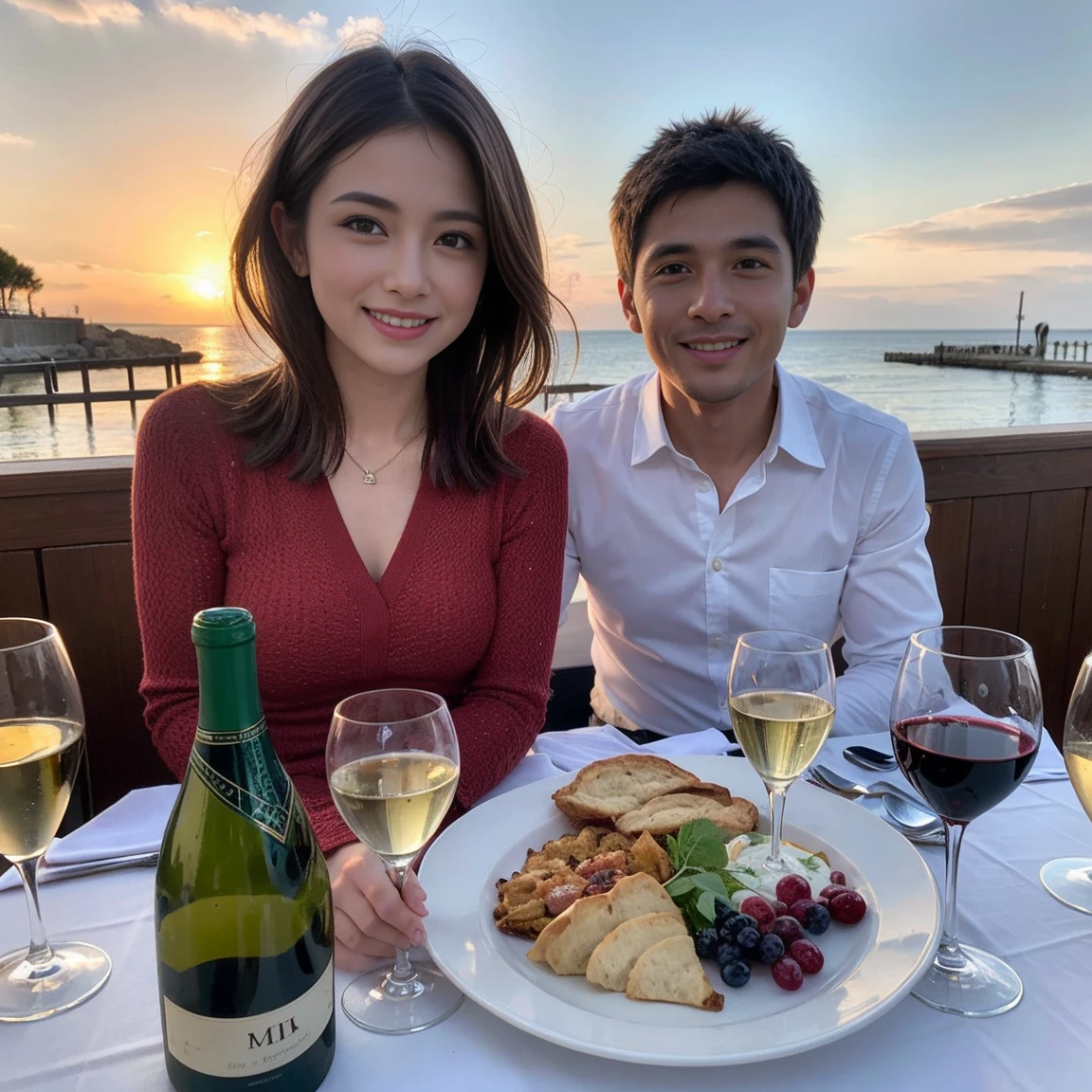 ((Highest quality、8K、masterpiece:1.3))、 (Ultra-realistic、 Genuine、Bright image、Intricate details:1.2), 最高のsmile、1 male、1 female、Beautiful couple、love love love、A lover who resembles Miki Nakatani、Good friends、actress couple、smile、Full-course dinner at a packed table、 (Slim face), (the body is slim), (Brown Hair), (short hair), テーブルのwine glass、Please shine a light on my face、 Amazing view of the sunset sky and clouds、 years old 39 years old, red wine 、Appetizers、Wine bottle、sparkling wine、Long sleeve shirt、dress、White wine, red wine, wine glass,
