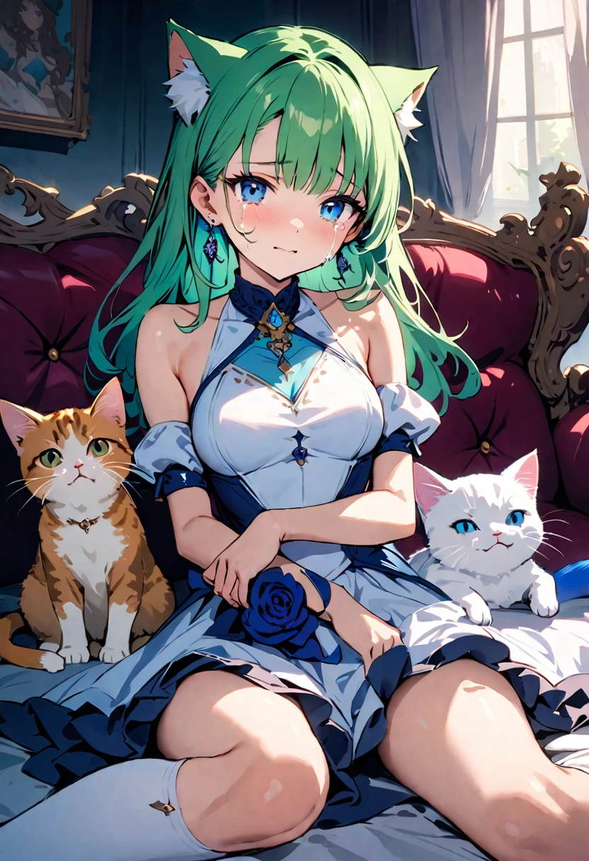 masterpiece, Highest quality, Illustrations for novels, High resolution, 18+ Adult content, Sensual, Intimate, Emotional, Passionate, romantic, sweet, Adorable, Innocent, Pure, Enchanting, Enchantingな, attractive, mysterious, Enchantingな, Enchanting, Immersive, Enchantingな, dream-like, Surreal, Imaginative, Whimsical, Artistic, Avant-garde, timeless, elegant, Sophisticated, chic, Sophisticated, Individuality, original, Enchantingな,One girl,Deltamon_beta, alone, blue eyes, Knee socks, Animal ears, Bare shoulders, Blue Tail, Earrings,Removable sleeves, Green Hair, No sleeve, Cat ear, bag, white Knee socks, Cat's Tail,pink backpack,Pink school bag,Lavender lace: Lavender Peter Pan collar lace dress, Paired with ivory tights and Mary Jane shoes.,Cherry-blossom viewing, azalea, satsuki, azalea blizzard,, alone,Are standing_Split,
rest ((Avoidance method ((kitten)), Evening Dress,evening dress,Evening Dresses:1.3))、Upper Body