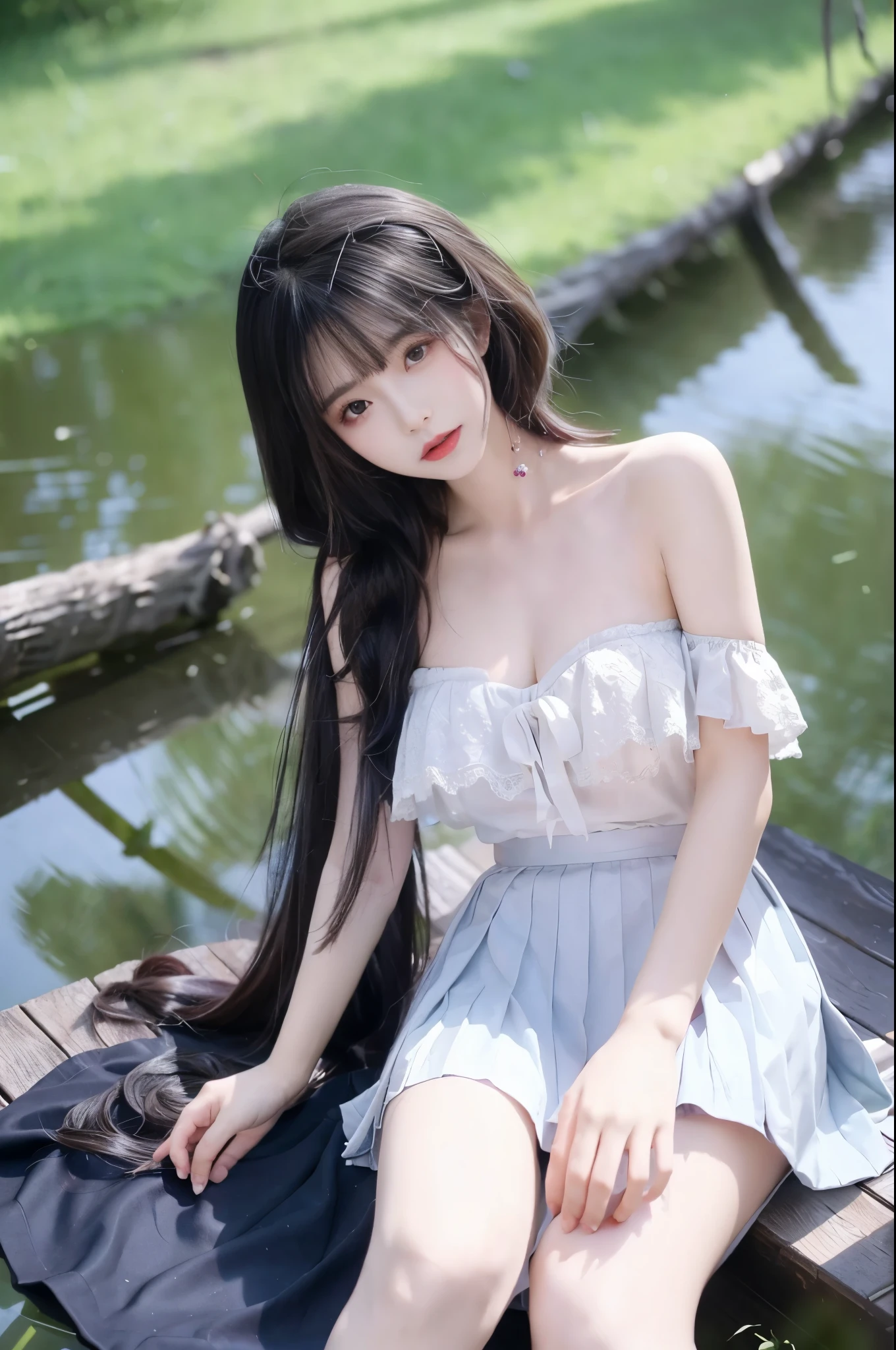 long shan,short shan,pleated skirt,songmo, ((?????????????)), ((D cup)), Visible cleavage，Highly detailed face and skin texture，((???? shoulder)), Double eyelids，Skin Whitening，Long hair，Whitening long legs，Standing by the sea, Fashion Girl, Red lips, Sweet Girl, Beautiful makeup, detail, lifelike, Very detailed, Astonishing, beautiful, Young and energetic, high quality，HD, Colorful， Beautifully, Smooth skin, The skirt is very short, Official Art, Extremely detailed, Movie atmosphere, Soft colors, Natural skin texture, Random scene, random shooting Angle, Black over-the-knee socks, lace hem