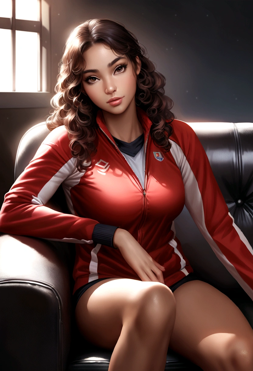 realistic human woman, latina, 20 and 21 years old mixed race long brown curly hair real, quite tall, sitting on the sofa in sportswear.