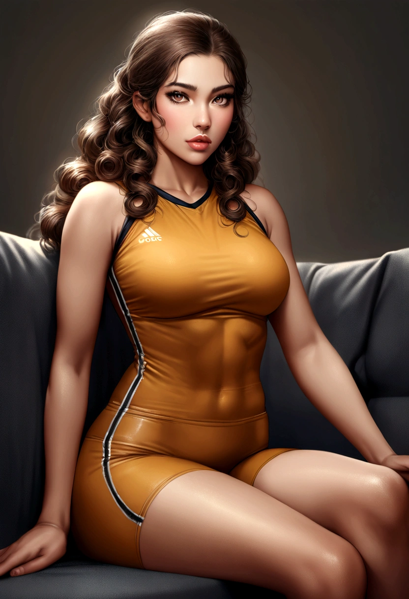 realistic human woman, latina, 20 and 21 years old mixed race long brown curly hair, quite tall, sitting on the sofa in sportswear.