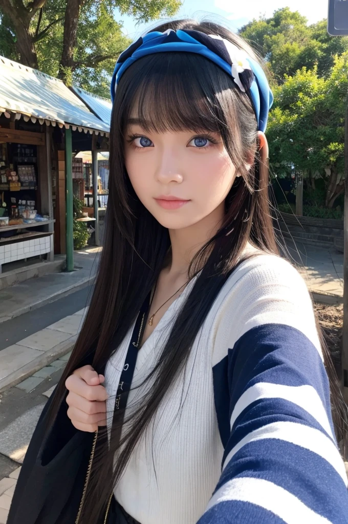 25-year-old female,Black Hair,Asian,Long Hair,Headband,Long Bangs,Blue Eyes,Riders,Selfie