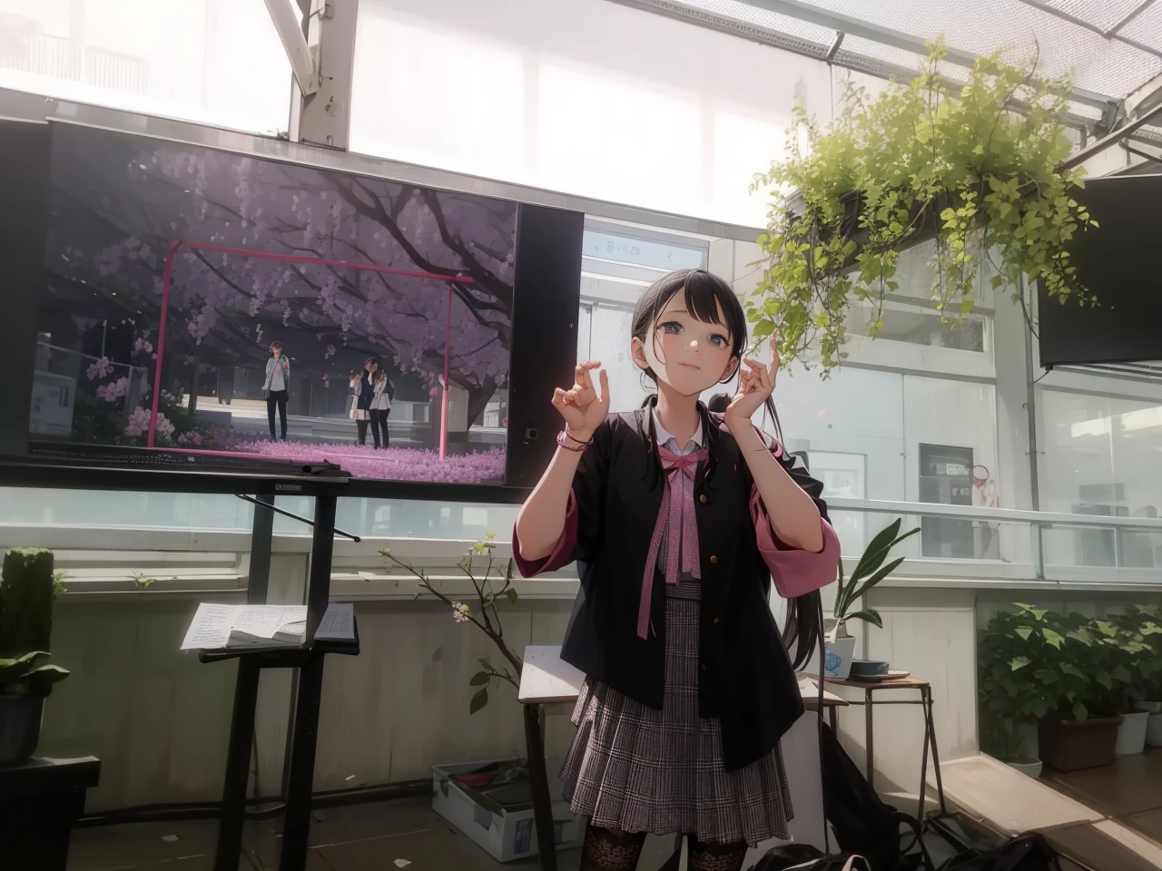 A girl in school uniform stands in front of a tree,Pink flowers that bloom on the branches,1 sister,by bangare tree,blazer jacket,Bow knot,neck bowtie,tree branch,Sakura NS,领The shirt,Daysiealling petallorest background,Flowers,graduate,flower sea,jaket,Long gray hair,longer sleeves,looking at viewert,allure,lace hose,petals,pink flowers that,What about the lattice,pleatedskirt,club,Uniforms,The shirt,a skirt,ssmile,solo,springtime \ (seasons \),that tree,Wisteria - anime ,