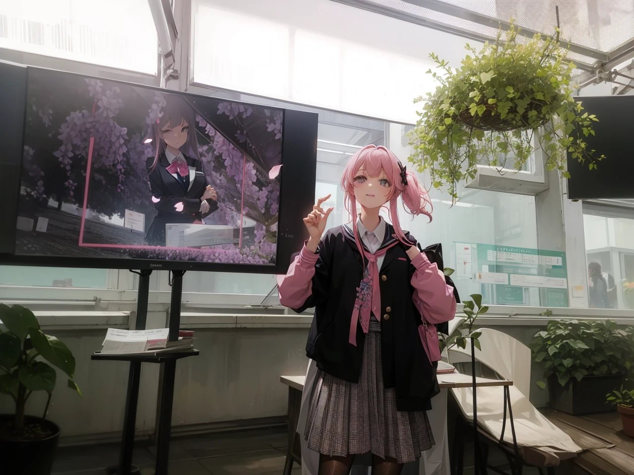A girl in school uniform stands in front of a tree,Pink flowers that bloom on the branches,1 sister,by bangare tree,blazer jacket,Bow knot,neck bowtie,tree branch,Sakura NS,领The shirt,Daysiealling petallorest background,Flowers,graduate,flower sea,jaket,Long gray hair,longer sleeves,looking at viewert,allure,lace hose,petals,pink flowers that,What about the lattice,pleatedskirt,club,Uniforms,The shirt,a skirt,ssmile,solo,springtime \ (seasons \),that tree,Wisteria - anime ,