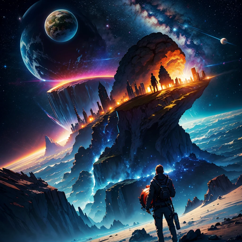 create a surreal image with elements, man, cliff, planets, nebulae