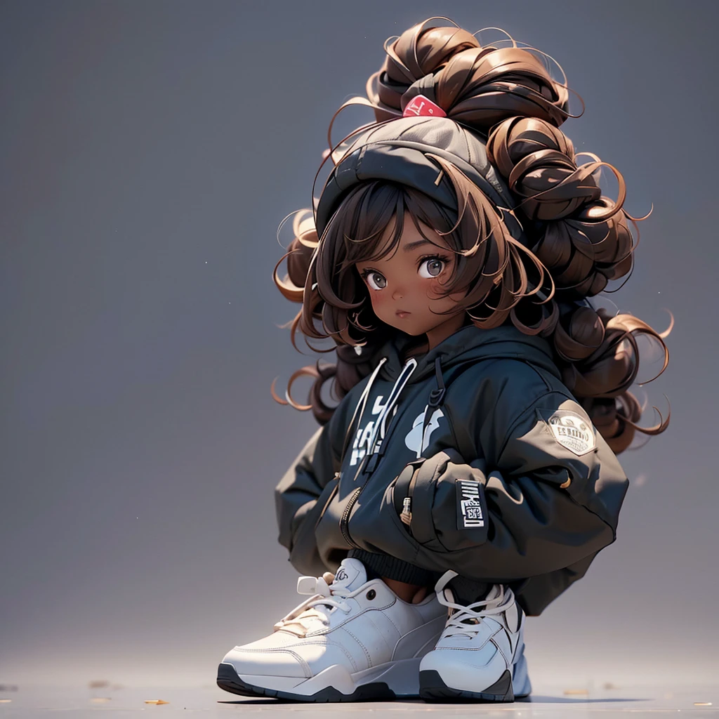 Curly brown hair, bun, dark skin, black eyes, streetwear fashion, smug