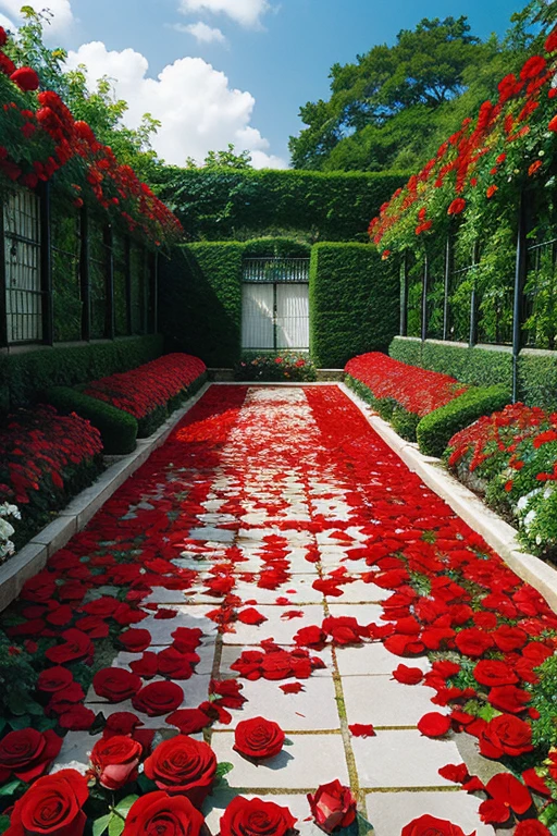 *Anime illustration, piles of red roses everywhere, covering the garden floor, petals everywhere, gardens of roses, realistic, detailed, by Yusuke Kozaki, CLAMP*