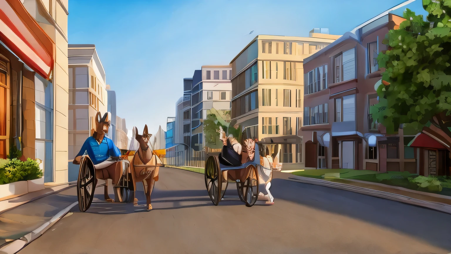 Two donkeys in the street，Each of them is pulling a cart of goods，