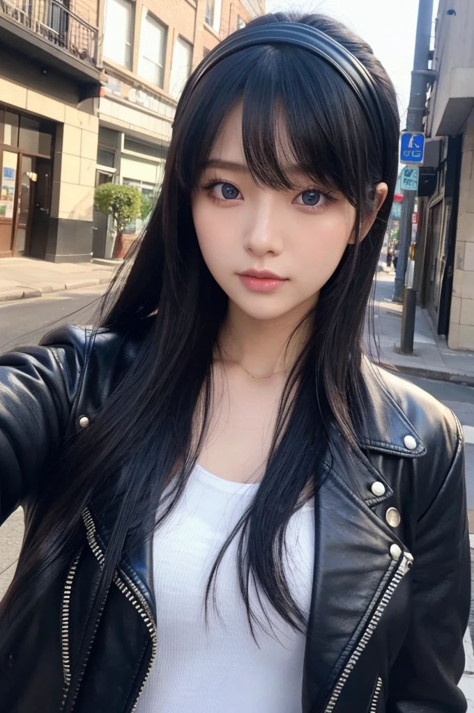 25-year-old female,Black Hair,Asian,Korean style long hair,Headband,Long Bangs,Blue Eyes,Dark Skin,Leather jacket,Selfie