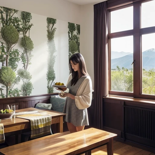 A woman standing in a room facing the foreground. In front of her is a dining table with a white tablecloth. On the table is a plate of fruit and a glass of wine. There is a large single-pane window on the far wall, through which one can see Mt. The wallpaper in the room is a Marimekko pattern. In the corner of the room is a houseplant. There is a large floor-standing mirror with a woman in it.