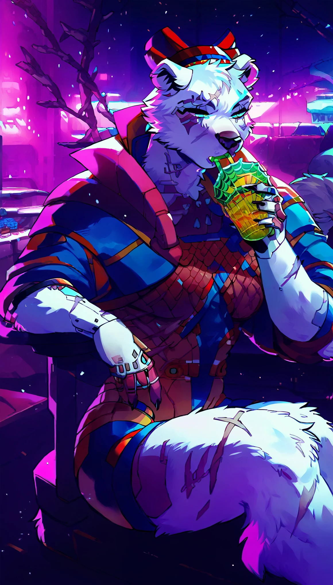 score_9, score_8_up, score_7_up, (cyberpunk city, night room, luxury casino, girls on background:1.5),
((Polar bear:1.5), anthro, solo, male, sitting in an chair, (drinking vine:1.2), ((wearing cyberpunk suit, mafia boss)), ((snow white fur:1.5)), (deep scars:1.5), beautiful, (have cyberpunk additions:1.5)