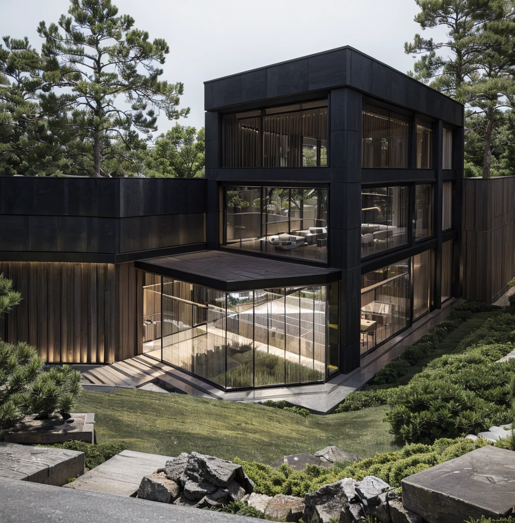 RAW photo, ((Black wall:1.3)) modern house,marble, (road:1.3), (sidewalk:1.3), (sidewalk trees:1.3), (residences area:1.4), daytime, daylight, tropical trees and plants, (high detailed:1.2), 8k uhd, dslr, soft lighting, high quality, (sharpen:1.5)