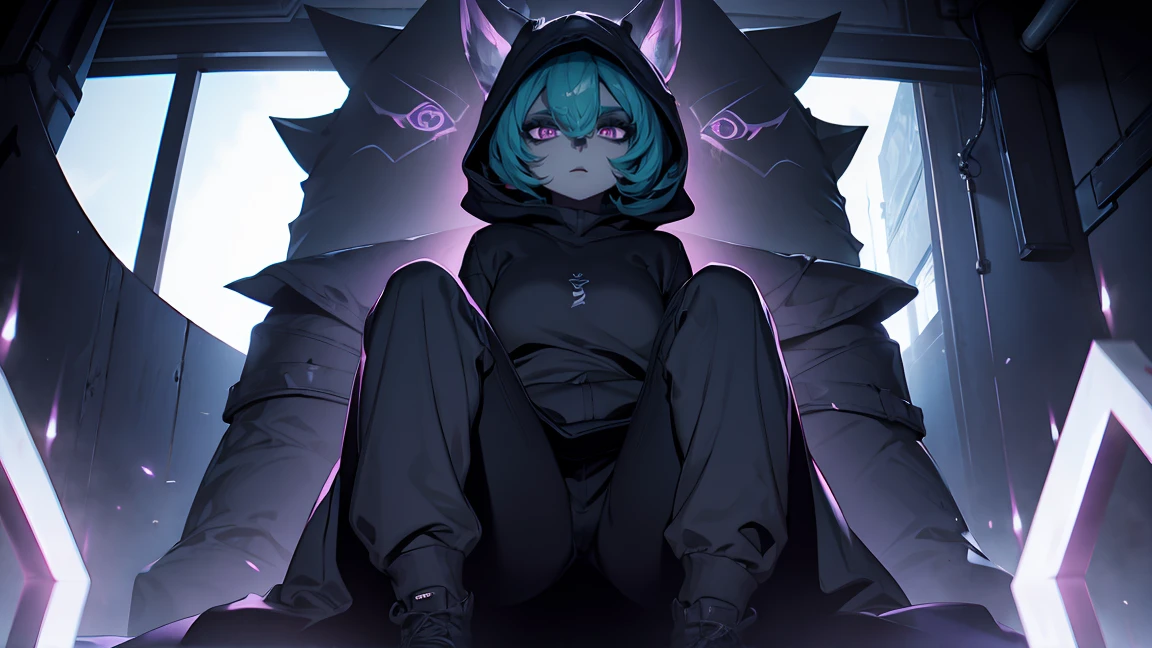 girl, large black sweatshirt, sitting posture, calm look, Sitting in front, legs open, a dark room, evil eyes, glowing skin, Looking ahead, facial expression