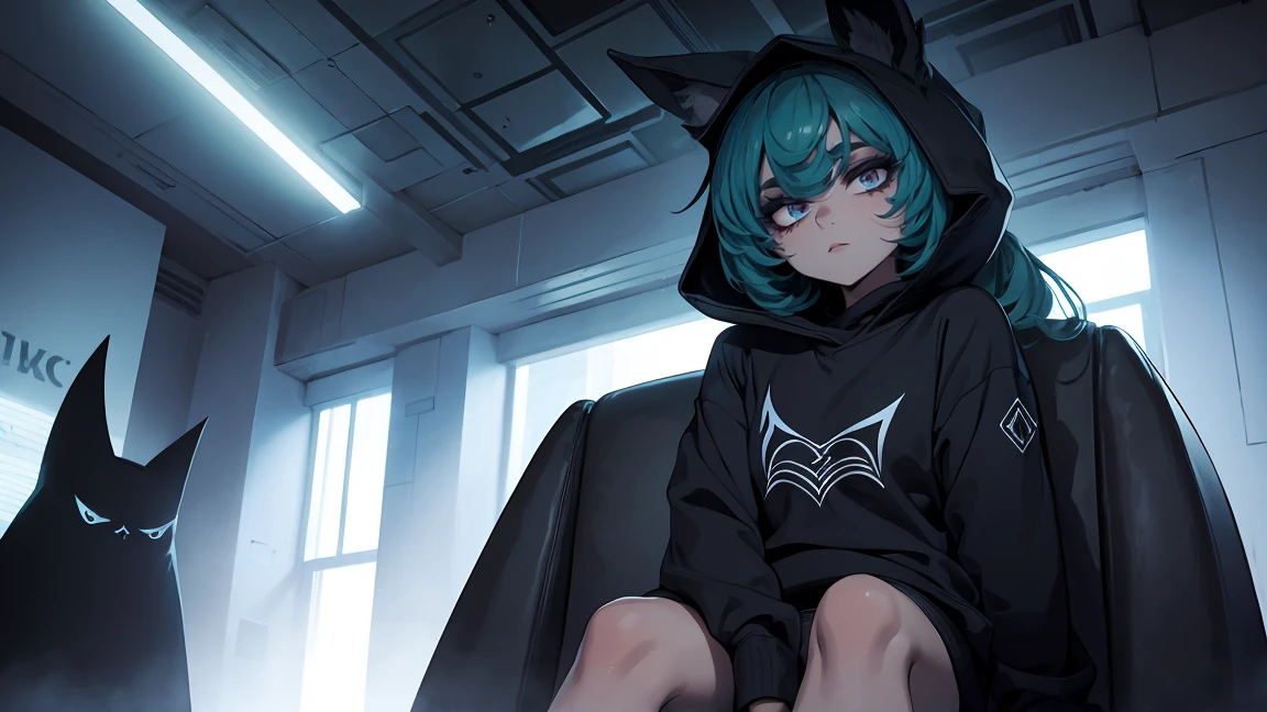 girl, large black sweatshirt, sitting posture, calm look, Sitting in front, , a dark room, evil eyes, glowing skin, Looking ahead,  expression