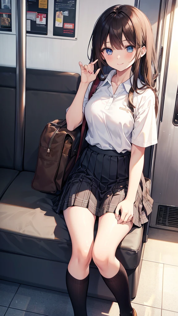 long hair, looking at viewer, smile, bangs, blue eyes, multiple girls, skirt, brown hair, shirt, black hair, short sleeves, brown eyes, long hair, standing, white polo shirt, pleated skirt, open clothes, shoes, socks, striped, collared shirt, hand up, 3girls, bag, kneehighs, plaid skirt, brown footwear, flying sweatdrops, loafers, grey skirt, school bag, diagonal stripes, sitting in train