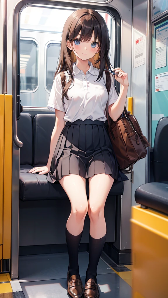 long hair, looking at viewer, smile, bangs, blue eyes, multiple girls, skirt, brown hair, shirt, black hair, short sleeves, brown eyes,  long hair, standing, white polo shirt, pleated skirt, ????????????, shoes, socks, striped, collared shirt, hand up, 3girls, bag, kneehighs, plaid skirt, brown footwear, flying sweatdrops, loafers, grey skirt, school bag, diagonal stripes, sitting in train 