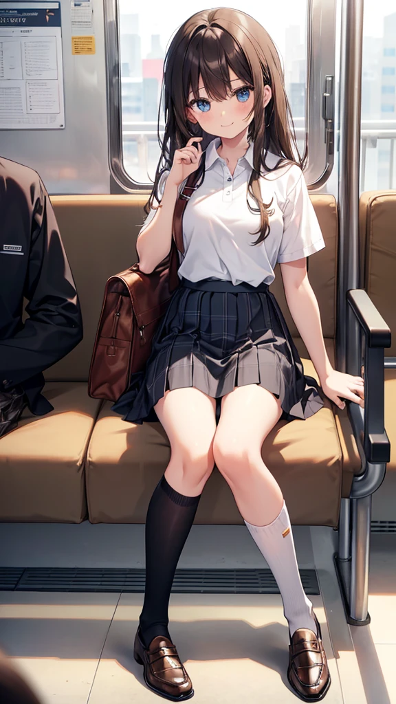 long hair, looking at viewer, smile, bangs, blue eyes, multiple girls, skirt, brown hair, shirt, black hair, short sleeves, brown eyes,  long hair, standing, white polo shirt, pleated skirt, , shoes, socks, striped, collared shirt, hand up, 3girls, bag, kneehighs, plaid skirt, brown footwear, flying sweatdrops, loafers, grey skirt, school bag, diagonal stripes, sitting in train 