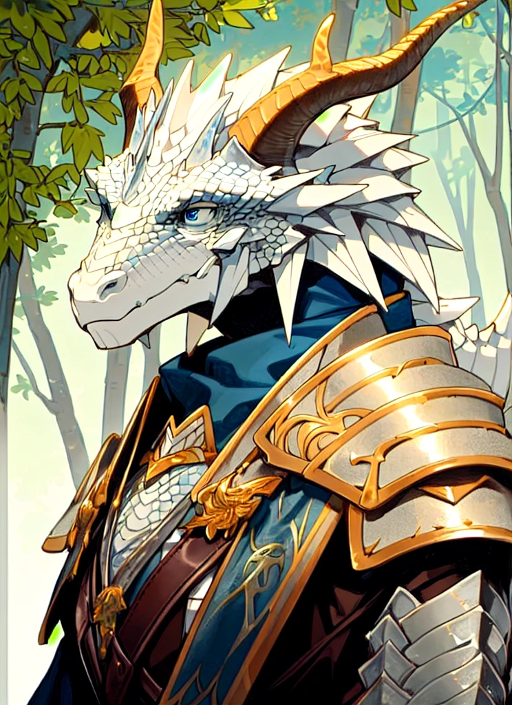 white silver dragonborn, male, horns, solo, scales, leather armor, tail, upper body, closed mouth, forest background , ((masterpiece, best quality)), dark blue eyes,