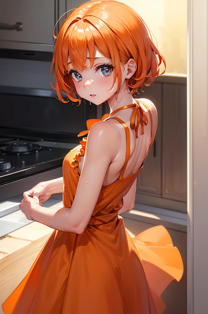 (a baby  girle, kitchen, sunny day, orange sundress, RAW, UHD, 8K, close up portrait:19.16, head, highly detailed face, stunning eyes, orange short hair, back towards camera, wet clothes, vibrant colors, warm sunlight)