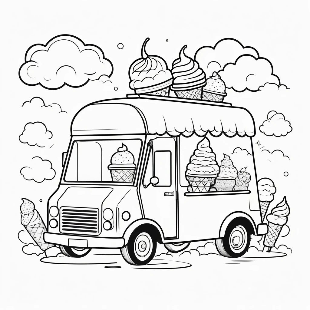Cute ice cream truck, coloring page for kids, happy, smiling, surrounded by cloud, vector art, minimalistic, vector 2d, black lines white background, coloring page for beginners, vector illustration, pencil strokes, no color, drawing for coloring, white background, pixar style, black and white