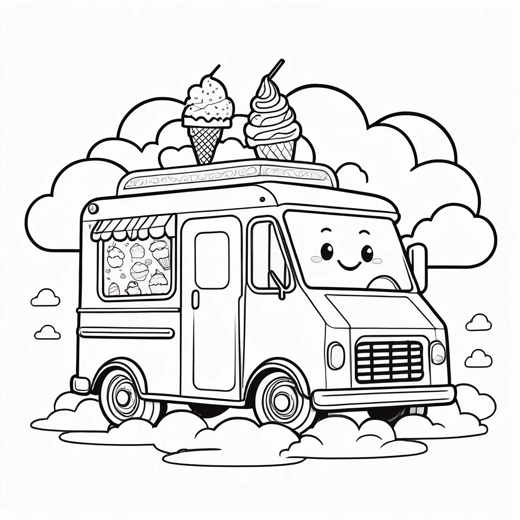 Cute ice cream truck, coloring page for kids, happy, smiling, surrounded by cloud, vector art, minimalistic, vector 2d, black lines white background, coloring page for beginners, vector illustration, pencil strokes, no color, drawing for coloring, white background, pixar style, black and white