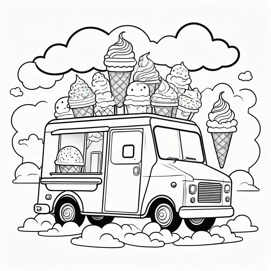 Cute ice cream truck, coloring page for kids, happy, smiling, surrounded by cloud, vector art, minimalistic, vector 2d, black lines white background, coloring page for beginners, vector illustration, pencil strokes, no color, drawing for coloring, white background, pixar style, black and white