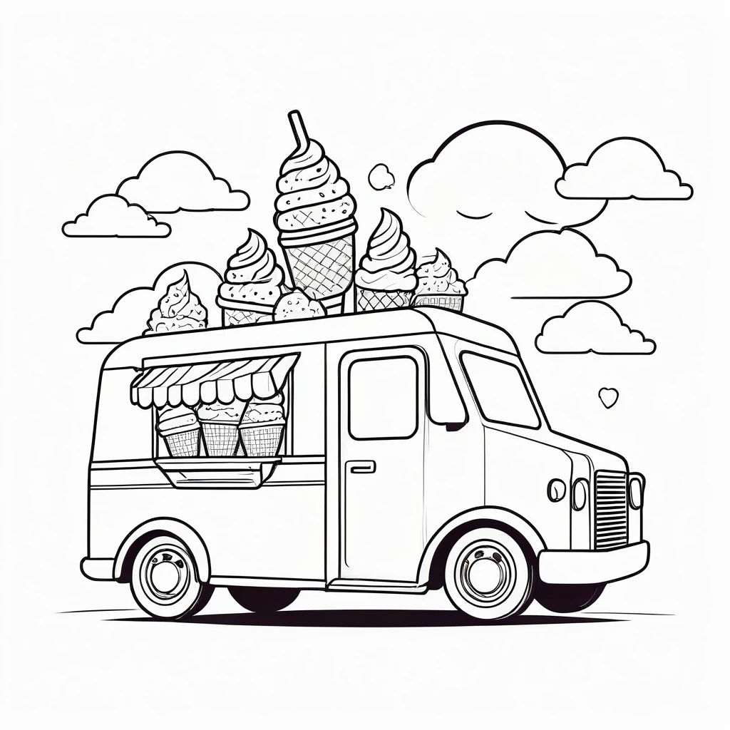 Cute ice cream truck, coloring page for s, happy, smiling, surrounded by cloud, vector art, minimalistic, vector 2d, black lines white background, coloring page for beginners, vector illustration, pencil strokes, no color, drawing for coloring, white background, pixar style, black and white