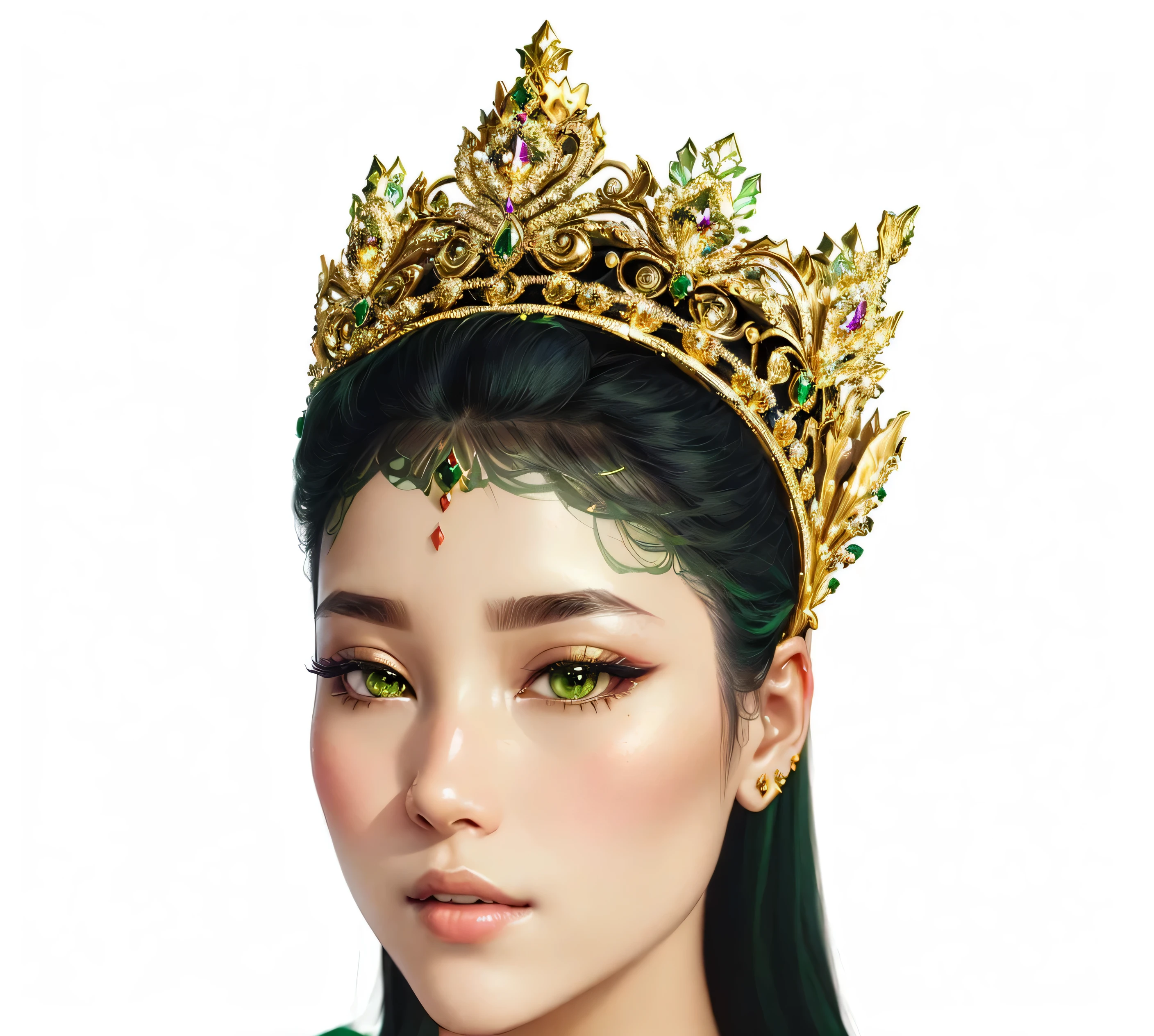 a close up of a woman wearing a tia with a green dress, a beautiful fantasy empress, big crown adorned with emerald, ((a beautiful fantasy empress)), green tiara, wearing golden crown, with crown, south east asian with round face, with a gold crown, gilded lotus princess, rendering of beauty pageant, ultra realistic fantasy tiara, wearing huge golden crown