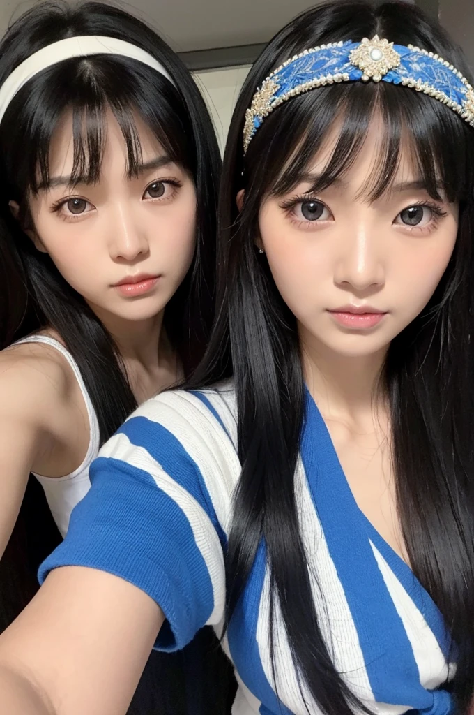 30-year-old woman,Black Hair,Asian,Korean style long hair,Headband,Long Bangs,Blue Eyes,Dark Skin,Riders,Selfie