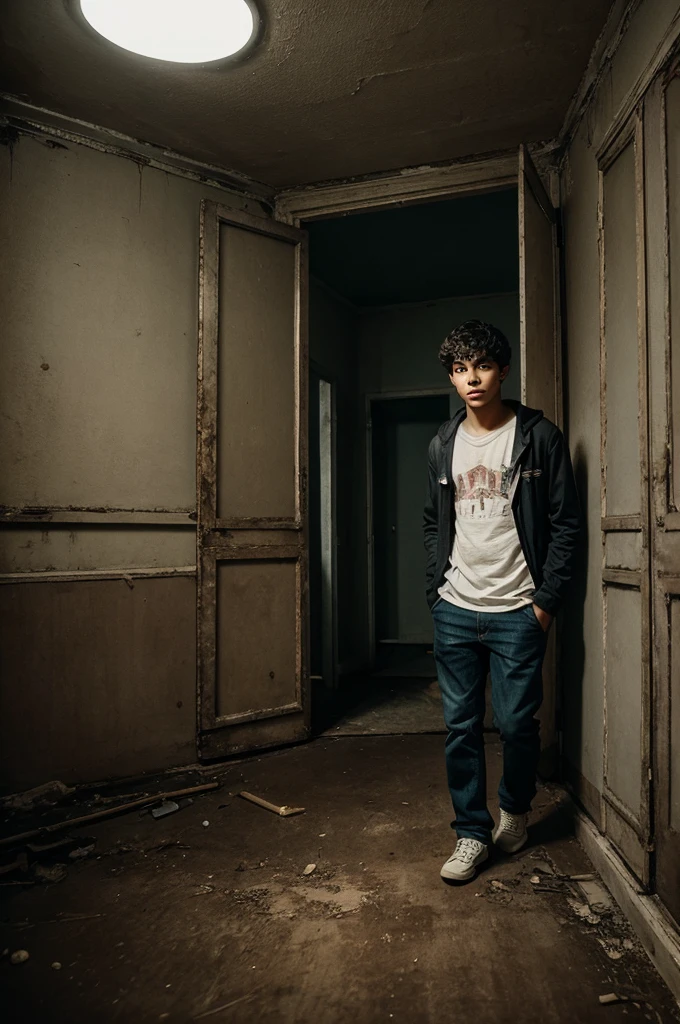 Include visuals of a young man exploring a creepy room,