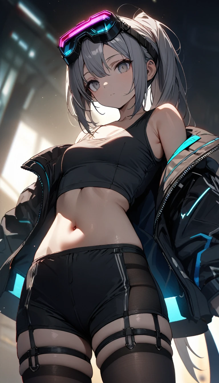 a handsome girl, solo,
gray hair, pony tail, gray eyes, bright eyes, cyber punk jacket, tank top, goggles on head, [navel], off shoulder, open jacket, black shorts, black tights, garter rings, expressionless, blurry background, perfect lighting, 
perfect angle, masterpiece, best quality, extremely detailed face,