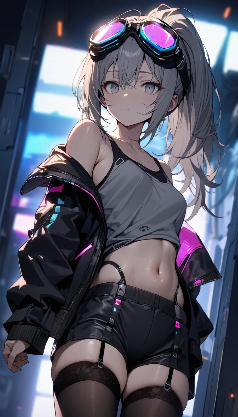 a handsome girl, solo,
gray hair, pony tail, purple eyes,(bright eyes:1.2), jitome, cyber punk purple jacket, white tank top, goggles on head, [navel], off shoulder, open jacket, black shorts, garter rings, expressionless, blurry background, perfect lighting,
perfect angle, masterpiece, best quality, extremely detailed face,