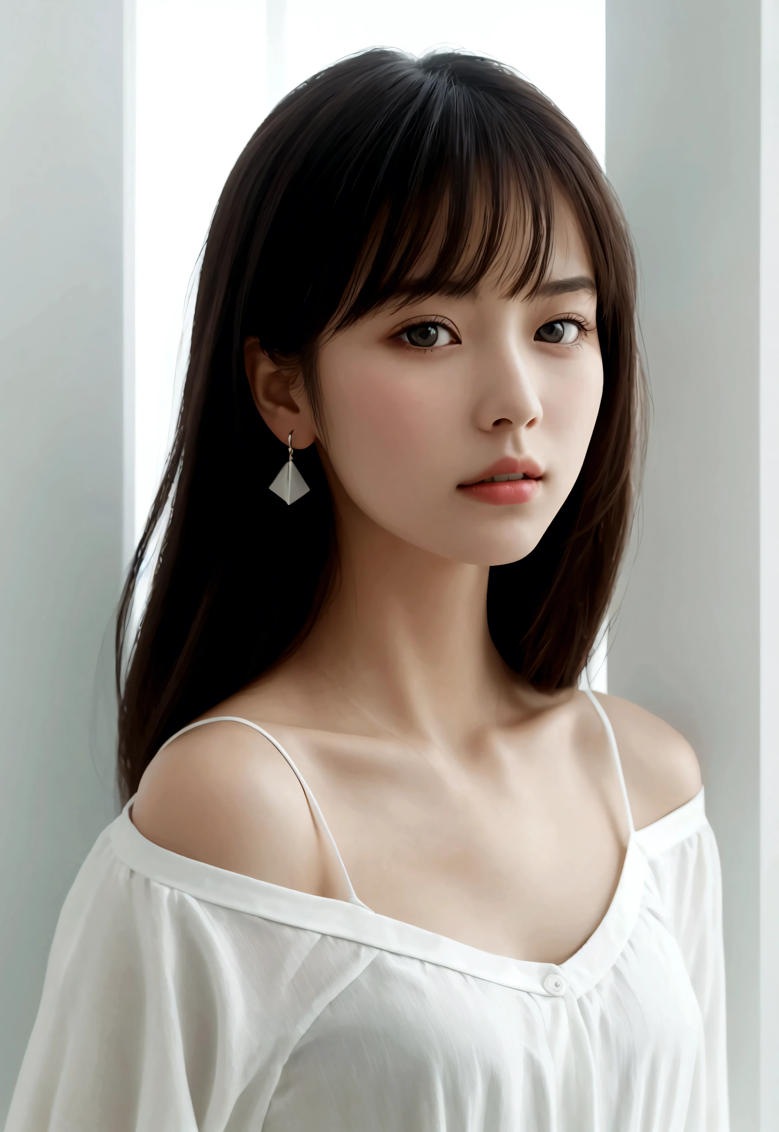 (best quality), (masterpiece), an 8K, 32K image of a beautiful Japanese woman with medium, shoulder-length hair. The image should focus on her upper body and have a surface focus. She should be wearing a long sleeve shirt and a necklace, with a white simple background. The photo should be taken from above, using a mix of 4 different shots. The image should be in 8K, with raw photo quality and should be a masterpiece. It should be realistic and photorealistic, with a weight of 1.37 for photorealism. There should be one girl in the image, shot in natural light with photon mapping and physically based rendering. The overall style should be girly, with excellent image quality and high resolution of 1080P. The girl's face should be clean and the hands should be described in detail, including the masseter muscle part. The CG details should be rich and the image should have extreme light and shadow. The girl's hair should look dirty and the image should be a masterpiece with rich details and exquisite features. The eye should also be detailed and the clavicle should be delicate. The girl should be in versatile poses and should not be looking at the camera. The image should be taken in profile, against a white wall or in front of a white door, in a room with a window. The girl should be wearing spring clothes.