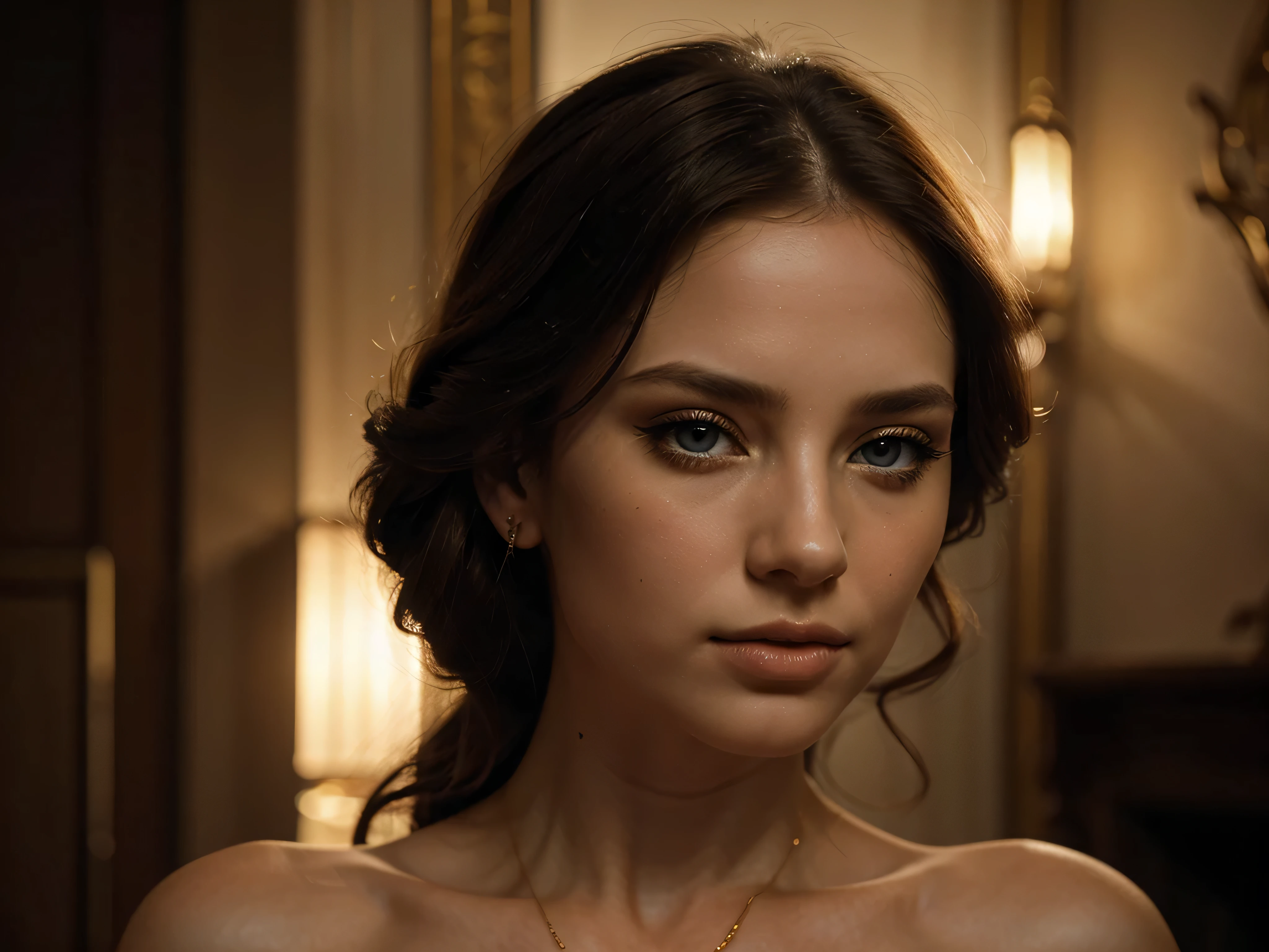A chiaroscuro portrait of a woman, beautiful detailed eyes, beautiful detailed lips, extremely detailed eyes and face, long eyelashes, porcelain skin, elegant hairstyle, intricate jewelry, dramatic lighting, Renaissance style, dramatic shadows, warm golden tones, dramatic chiaroscuro lighting, ultra-detailed, 8k, photorealistic, masterpiece, cinematic, dramatic atmosphere, elegant and regal
