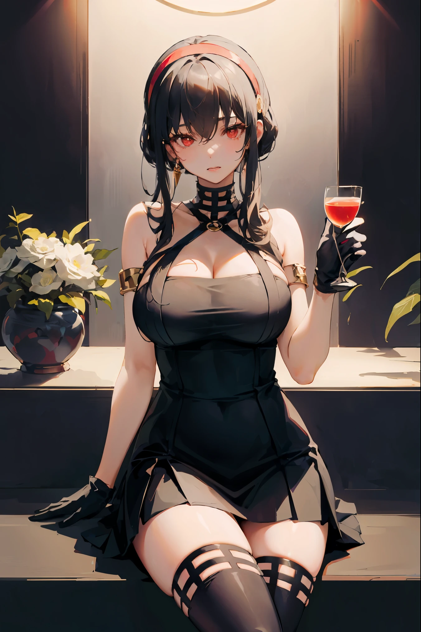 Ajof, side locks, golden hairband, hair adornments, ((Red eyes:1.5)), gold earring, Large breasts,((black hair:1.5)), 1girl, alternate costume, armlet, bare shoulders, black background, black dress, black gloves, black thighhighs, large breasts, cleavage, criss-cross halter,  dress, drinking glass, flower, gloves, gradient background, halterneck,  large breasts,looking at viewer, purple short nails, see-through gloves, solo, thighhighs, thighs, long hair, ((masterpiece)) pleated purple skirt, sitting,