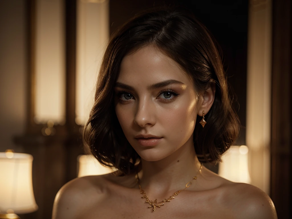 A chiaroscuro portrait of a woman, beautiful detailed eyes, beautiful detailed lips, extremely detailed eyes and face, long eyelashes, porcelain skin, elegant hairstyle, intricate jewelry, dramatic lighting, Renaissance style, dramatic shadows, warm golden tones, dramatic chiaroscuro lighting, ultra-detailed, 8k, photorealistic, masterpiece, cinematic, dramatic atmosphere, elegant and regal