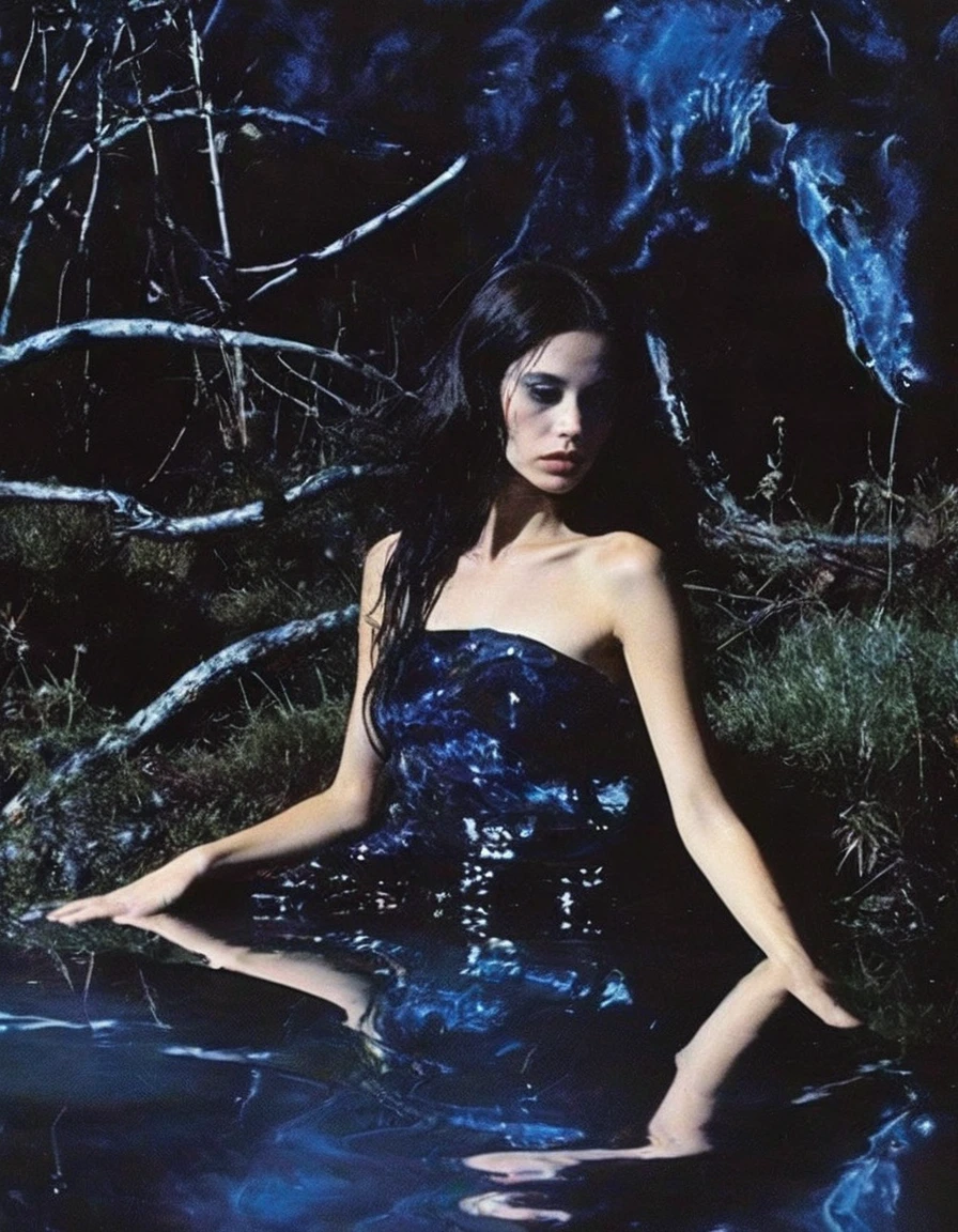 film photography, vintage, fashion photography of horror with 90s beautiful fashion model in black water, blue night forest background