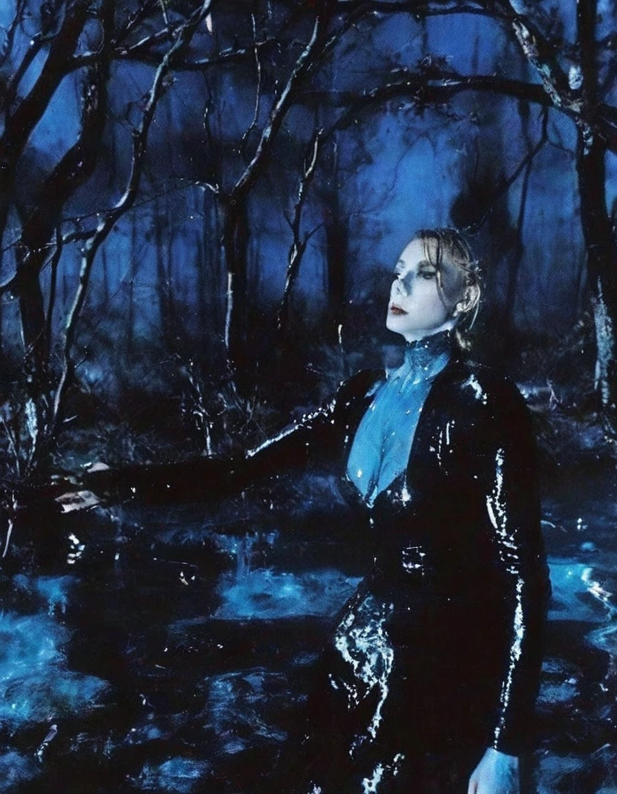 film photography, vintage, fashion photography of horror with 90s beautiful fashion model in black water, blue night forest background