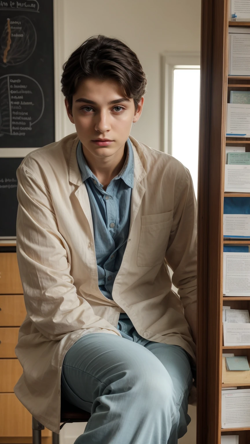 A young male twink boy, cute, beautiful, feminine, with a beautiful face with makeup, black hair, and his eyes have dark circles under them. He is wearing a long-sleeved aquamarine shirt and white jeans. He is in the College of Medicine, studying on the blackboard with brain anatomy written on it. He is sitting at a desk with scientific books on it. Medical and brain anatomy manuscripts