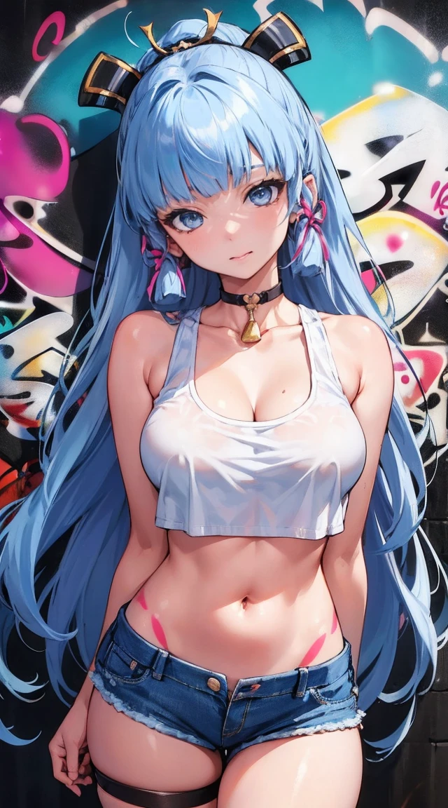 kamisato ayaka|genshin impact, master-piece, bestquality, 1girls,25 years old, oversized breasts, crop top, shorts jeans, oversized breasts, ,bara, crop top, shorts jeans, choker, (Graffiti:1.5), Splash with purple lightning pattern., arm behind back, against wall, View viewers from the front., Thigh strap, Head tilt, bored, water eyes,