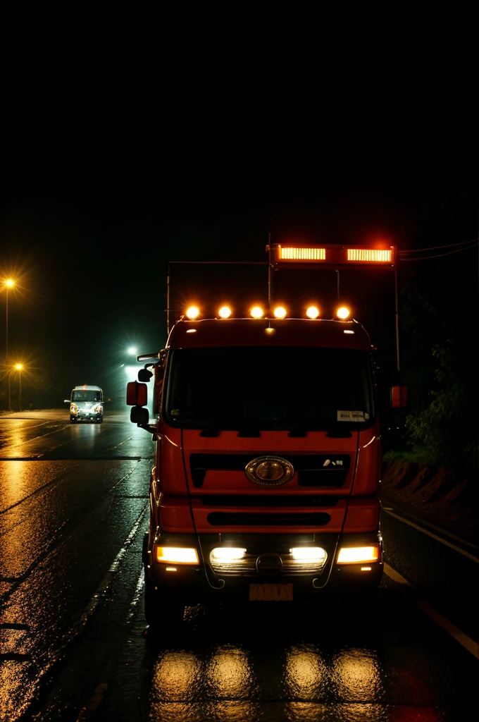 Indian style truck going on a lonely road in dark heavily raining night and no one is around