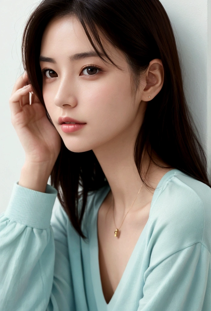 (best quality), (masterpiece), an 8K, 32K image of a beautiful Japanese woman with medium, shoulder-length hair. The image should focus on her upper body and have a surface focus. She should be wearing a long sleeve shirt and a necklace, with a white simple background. The photo should be taken from above, using a mix of 4 different shots. The image should be in 8K, with raw photo quality and should be a masterpiece. It should be realistic and photorealistic, with a weight of 1.37 for photorealism. There should be one girl in the image, shot in natural light with photon mapping and physically based rendering. The overall style should be girly, with excellent image quality and high resolution of 1080P. The girl's face should be clean and the hands should be described in detail, including the masseter muscle part. The CG details should be rich and the image should have extreme light and shadow. The girl's hair should look dirty and the image should be a masterpiece with rich details and exquisite features. The eye should also be detailed and the clavicle should be delicate. The girl should be in versatile poses and should not be looking at the camera. The image should be taken in profile, against a white wall or in front of a white door, in a room with a window. The girl should be wearing spring clothes.