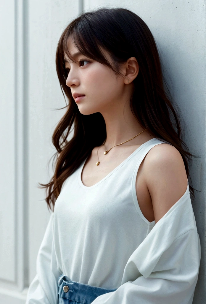(best quality), (masterpiece), an 8K, 32K image of a beautiful Japanese woman with medium, shoulder-length hair. The image should focus on her upper body and have a surface focus. She should be wearing a long sleeve shirt and a necklace, with a white simple background. The photo should be taken from above, using a mix of 4 different shots. The image should be in 8K, with raw photo quality and should be a masterpiece. It should be realistic and photorealistic, with a weight of 1.37 for photorealism. There should be one girl in the image, shot in natural light with photon mapping and physically based rendering. The overall style should be girly, with excellent image quality and high resolution of 1080P. The girl's face should be clean and the hands should be described in detail, including the masseter muscle part. The CG details should be rich and the image should have extreme light and shadow. The girl's hair should look dirty and the image should be a masterpiece with rich details and exquisite features. The eye should also be detailed and the clavicle should be delicate. The girl should be in versatile poses and should not be looking at the camera. The image should be taken in profile, against a white wall or in front of a white door, in a room with a window. The girl should be wearing spring clothes.