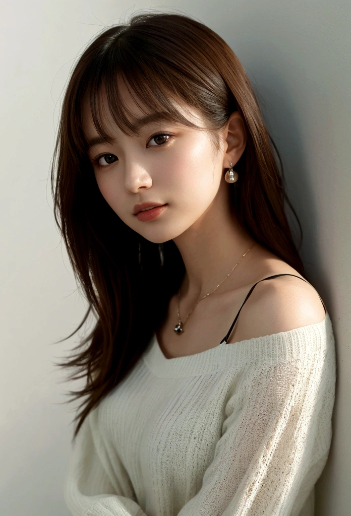 (best quality), (masterpiece), an 8K, 32K image of a beautiful Japanese woman with medium, shoulder-length hair. The image should focus on her upper body and have a surface focus. She should be wearing a long sleeve shirt and a necklace, with a white simple background. The photo should be taken from above, using a mix of 4 different shots. The image should be in 8K, with raw photo quality and should be a masterpiece. It should be realistic and photorealistic, with a weight of 1.37 for photorealism. There should be one girl in the image, shot in natural light with photon mapping and physically based rendering. The overall style should be girly, with excellent image quality and high resolution of 1080P. The girl's face should be clean and the hands should be described in detail, including the masseter muscle part. The CG details should be rich and the image should have extreme light and shadow. The girl's hair should look dirty and the image should be a masterpiece with rich details and exquisite features. The eye should also be detailed and the clavicle should be delicate. The girl should be in versatile poses and should not be looking at the camera. The image should be taken in profile, against a white wall or in front of a white door, in a room with a window. The girl should be wearing spring clothes.