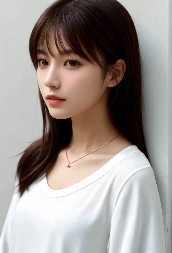 (best quality), (masterpiece), an 8K, 32K image of a beautiful Japanese woman with medium, shoulder-length hair. The image should focus on her upper body and have a surface focus. She should be wearing a long sleeve shirt and a necklace, with a white simple background. The photo should be taken from above, using a mix of 4 different shots. The image should be in 8K, with raw photo quality and should be a masterpiece. It should be realistic and photorealistic, with a weight of 1.37 for photorealism. There should be one girl in the image, shot in natural light with photon mapping and physically based rendering. The overall style should be girly, with excellent image quality and high resolution of 1080P. The girl's face should be clean and the hands should be described in detail, including the masseter muscle part. The CG details should be rich and the image should have extreme light and shadow. The girl's hair should look dirty and the image should be a masterpiece with rich details and exquisite features. The eye should also be detailed and the clavicle should be delicate. The girl should be in versatile poses and should not be looking at the camera. The image should be taken in profile, against a white wall or in front of a white door, in a room with a window. The girl should be wearing spring clothes.