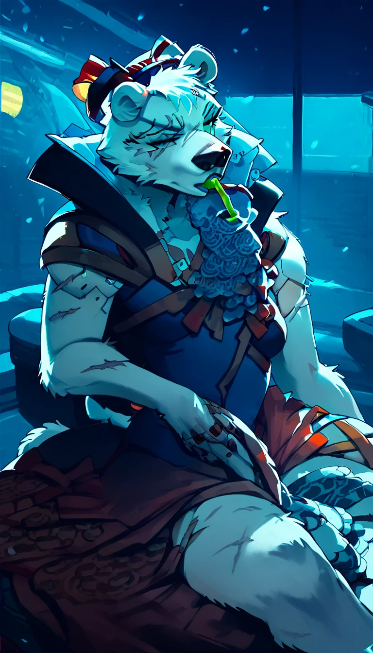 score_9, score_8_up, score_7_up, (cyberpunk city, night room, luxury casino, girls around:1.5),
((Polar bear:1.5), anthro, solo, female, sitting in an chair, (drinking vine:1.2), ((wearing cyberpunk-style dress, the mistress of the brothel, mafia boss)), ((snow white fur:1.5)), (deep scars:1.5), beautiful, (have cyberpunk additions:1.5)